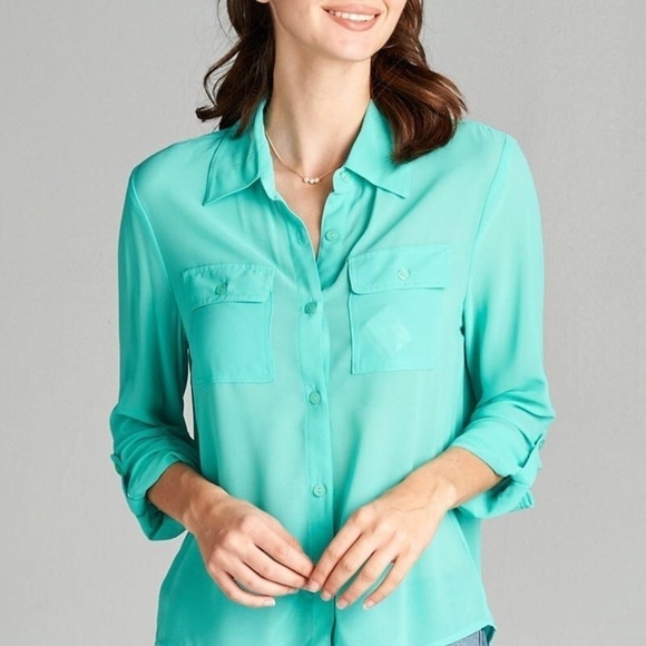 Semi Sheer Mint Double Pocket Polyester Top BB985 - Picture 6 of 7